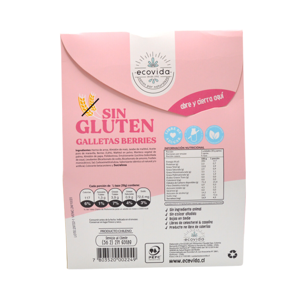 GALLETAS BERRIES SIN GLUTEN SIN LACTOSA, ECOVIDA 150 g