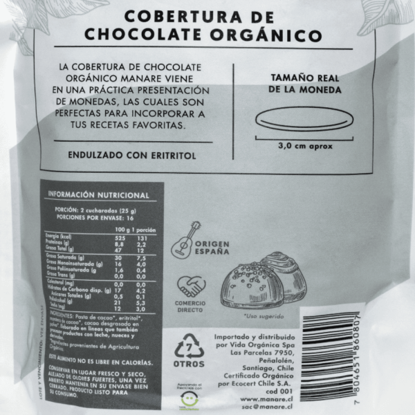 COBERTURA CHOCOLATE SIN AZÚCAR 79% CACAO, MANARE 400 g