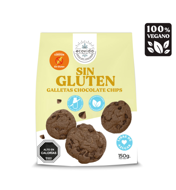 GALLETAS CHOCOLATE CHIPS - SIN GLUTEN - SIN LACTOSA, ECOVIDA 150 G