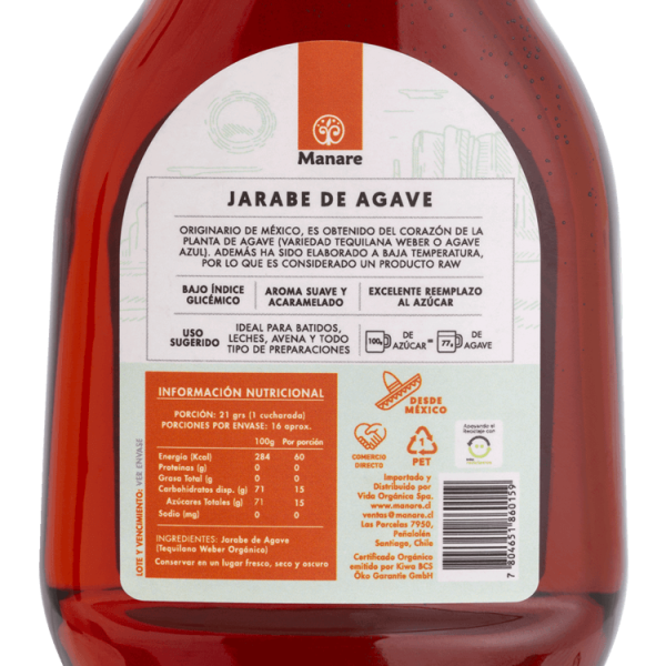 JARABE DE AGAVE RAW, MANARE 330 ML