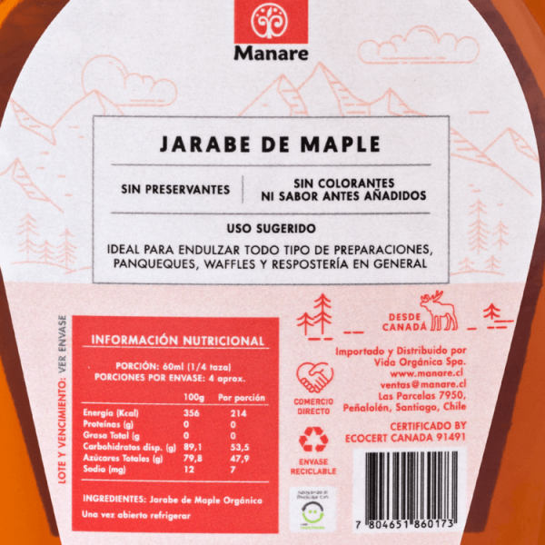 JARABE ORGÁNICO DE MAPLES, MANARE - 250 ml