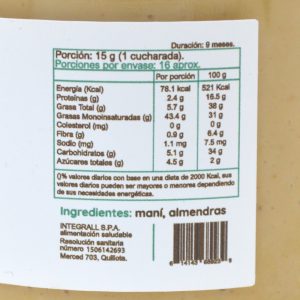 MANTEQUILLA ALMENDRA MANÍ, INTEGRALL 250 g