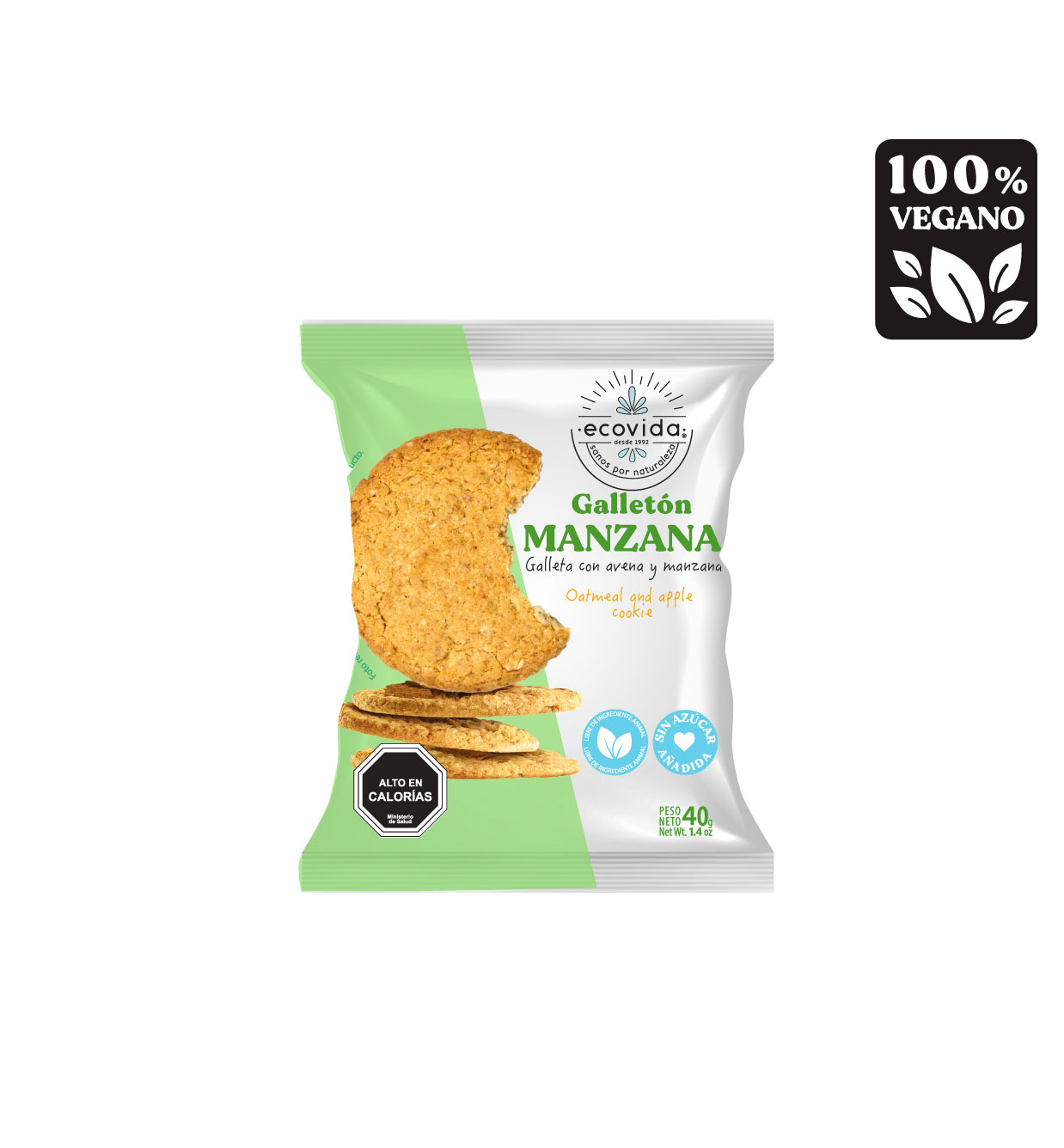 GALLETÓN AVENA MANZANA - SIN AZUCAR, ECOVIDA 40 G