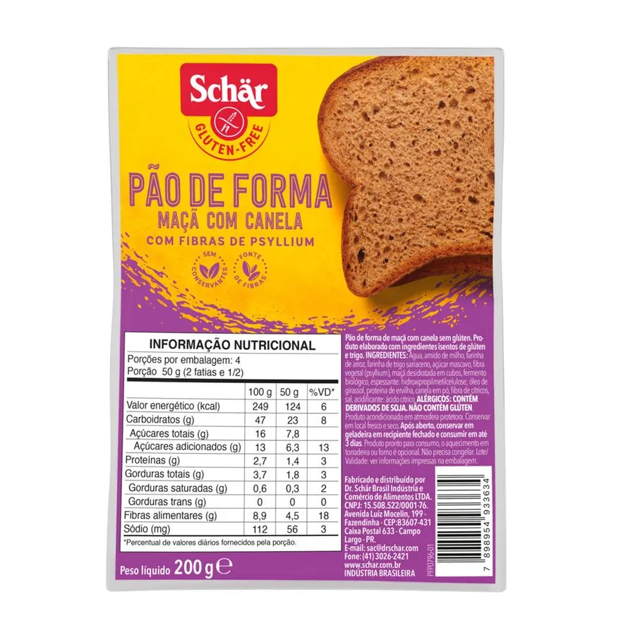 PAN DE MANZANA CANELA SIN GLUTEN, SCHAR X 8 REBANADAS - 200 g