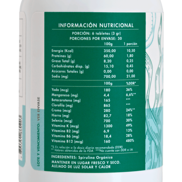 ESPIRULINA ORGÁNICA, MANARE 180 TABLETAS