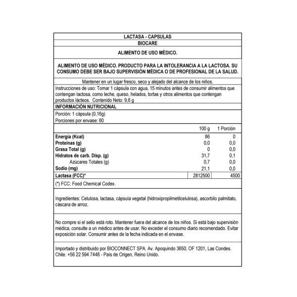 LACTASA - ENZIMAS DIGESTIVAS 60 CÁPSULAS, BIO CARE